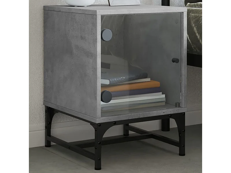 Table de chevet avec porte en verre gris béton 35x37x50 cm