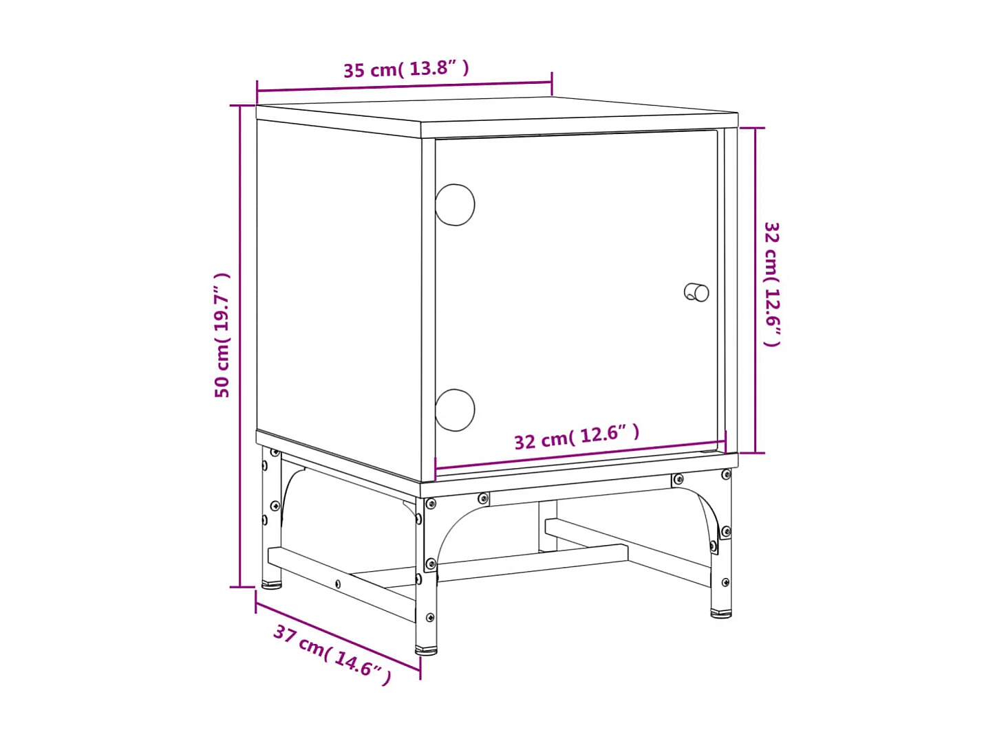 Table de chevet avec porte en verre gris béton 35x37x50 cm