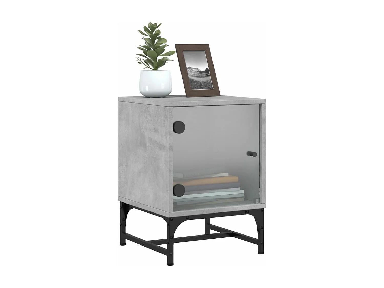 Table de chevet avec porte en verre gris béton 35x37x50 cm