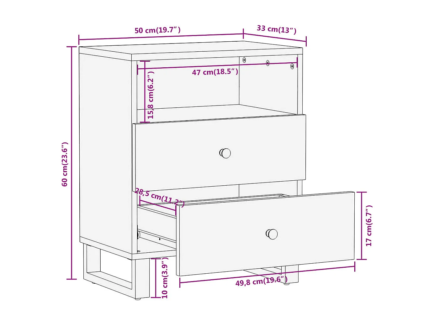 Nachttisch Braun und Schwarz 50x33x60 cm Massivholz Mango