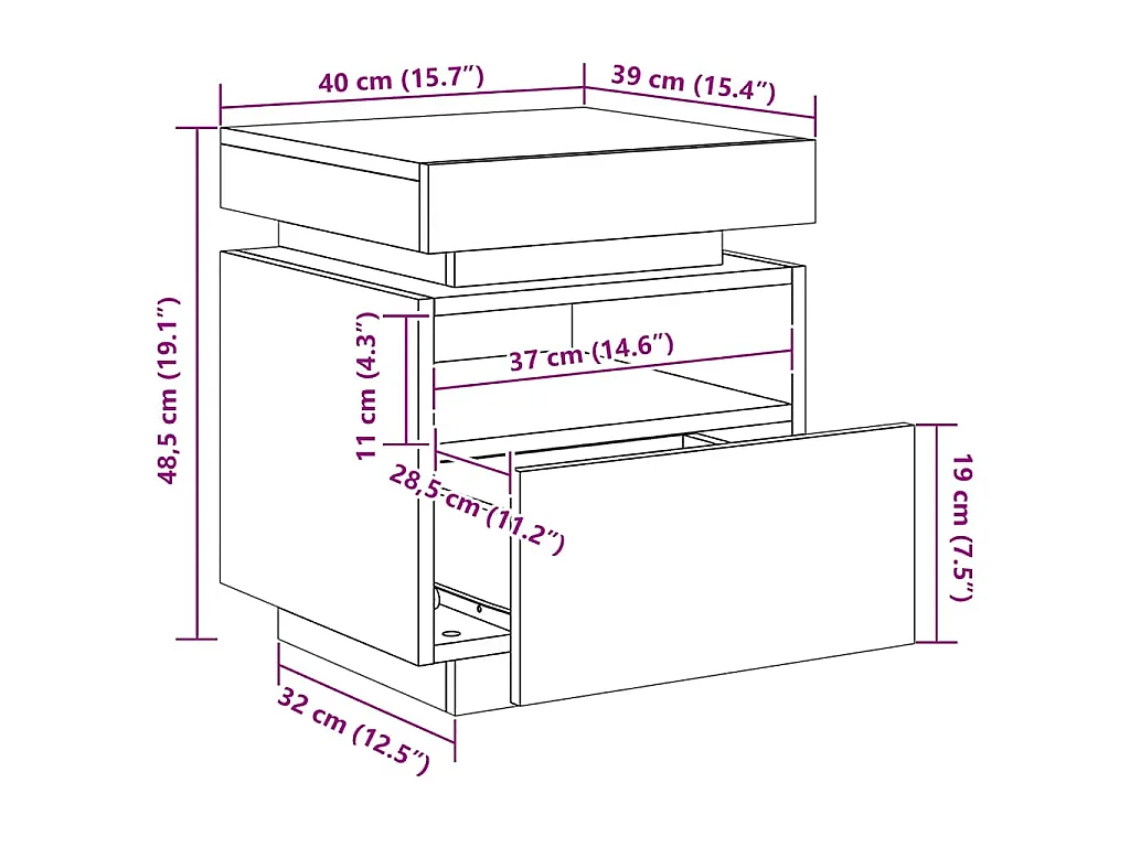 Armoire de chevet avec lumières LED blanc 40x39x48,5 cm