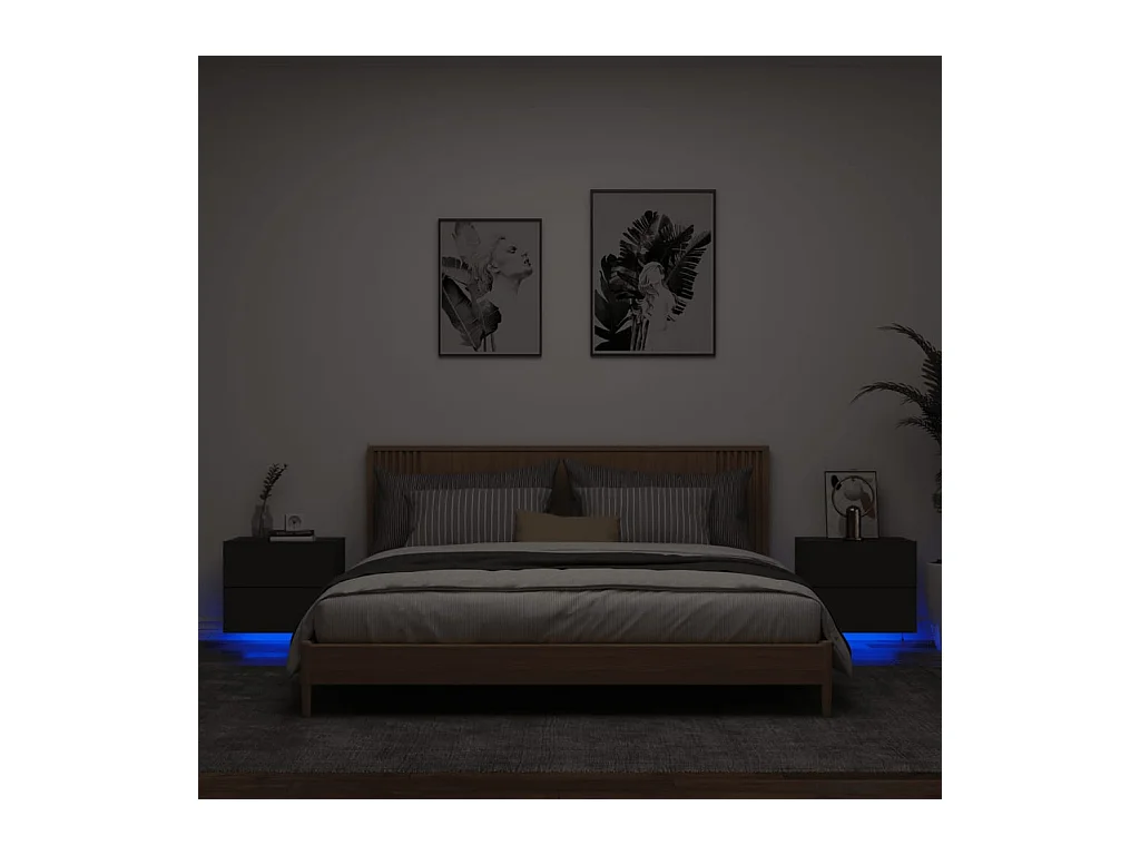 Comodini a Parete con Luci LED 2 pz Neri