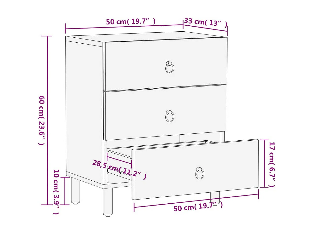 Table de chevet 50x33x60 cm bois de manguier massif