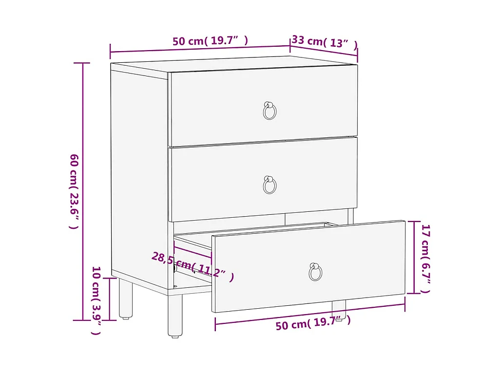 Mesita de noche madera maciza de mango 50x33x60 cm