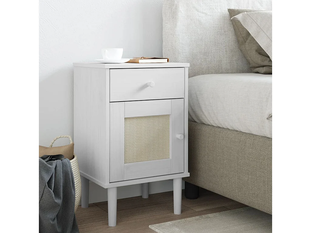 Comodino SENJA Aspetto Rattan Bianco 40x35x65 cm in Legno Pino