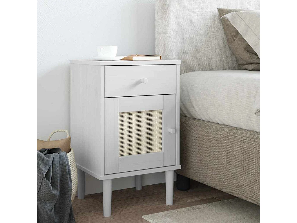 Table de chevet SENJA aspect de rotin blanc bois de pin massif