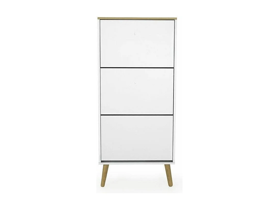 Meuble à chaussures 3 portes laqué blanc et pieds chêne massif clair Pecas