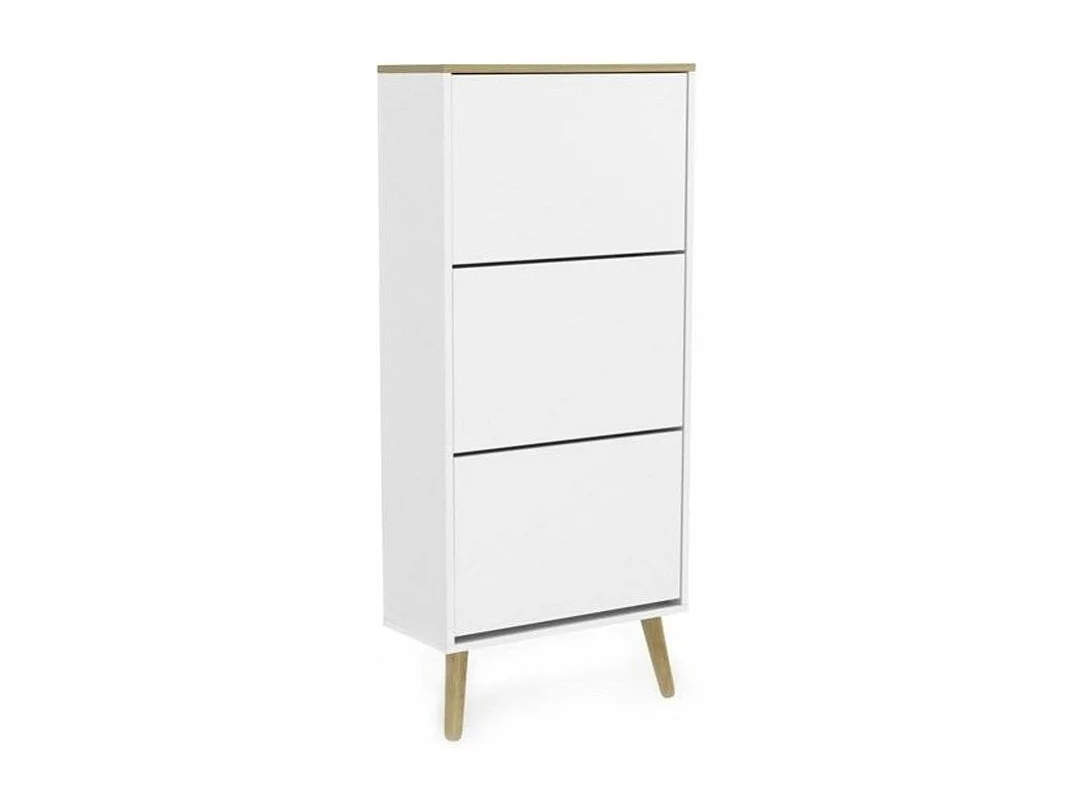 Meuble à chaussures 3 portes laqué blanc et pieds chêne massif clair Pecas