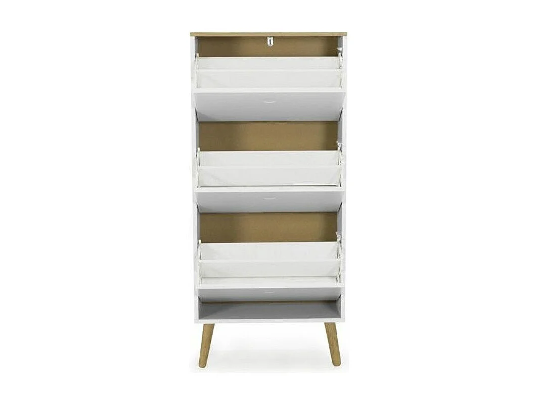 Meuble à chaussures 3 portes laqué blanc et pieds chêne massif clair Pecas