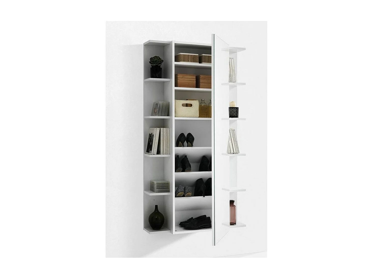 Meuble à chaussures suspendu 1 porte avec miroir bois mélaminé blanc Fée