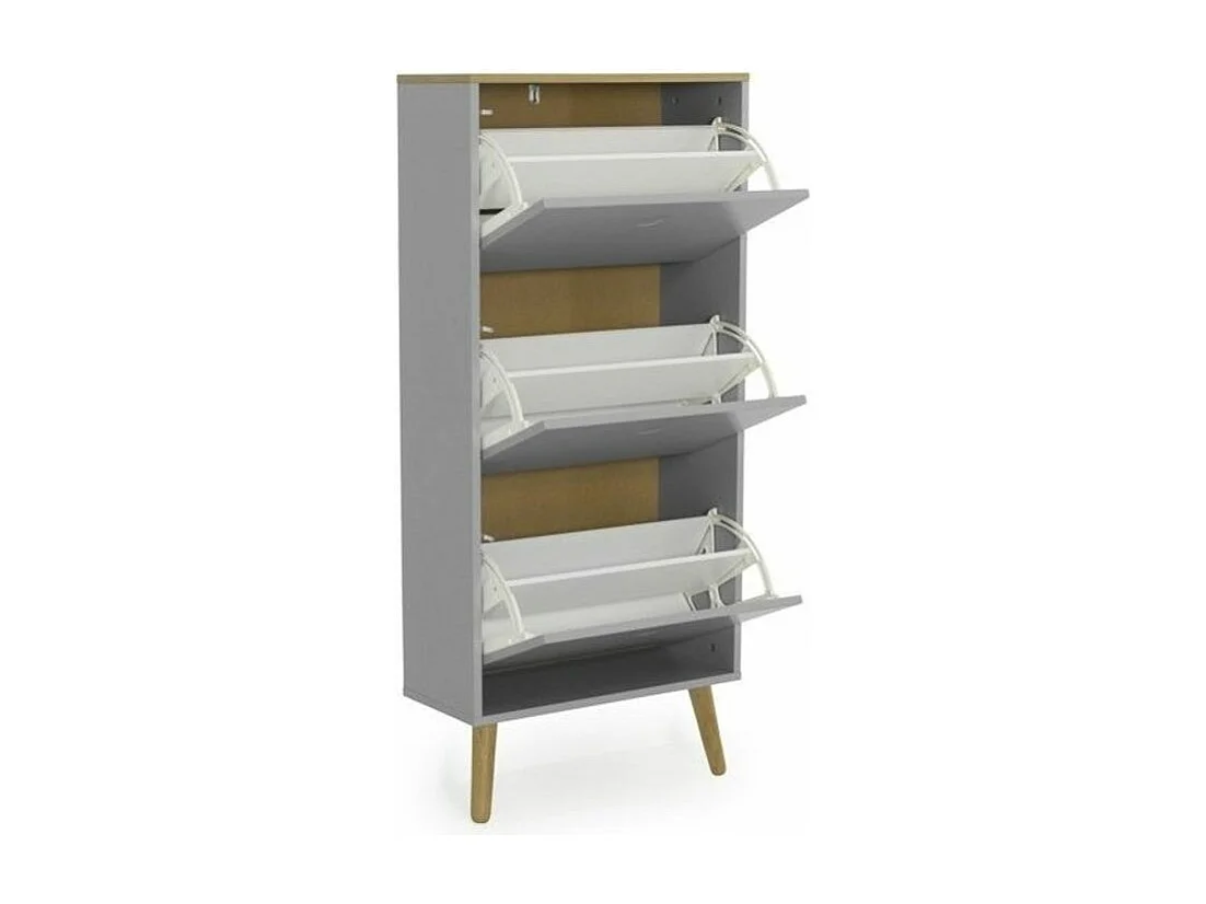 Meuble à chaussures 3 portes laqué gris et pieds chêne massif clair Pecas