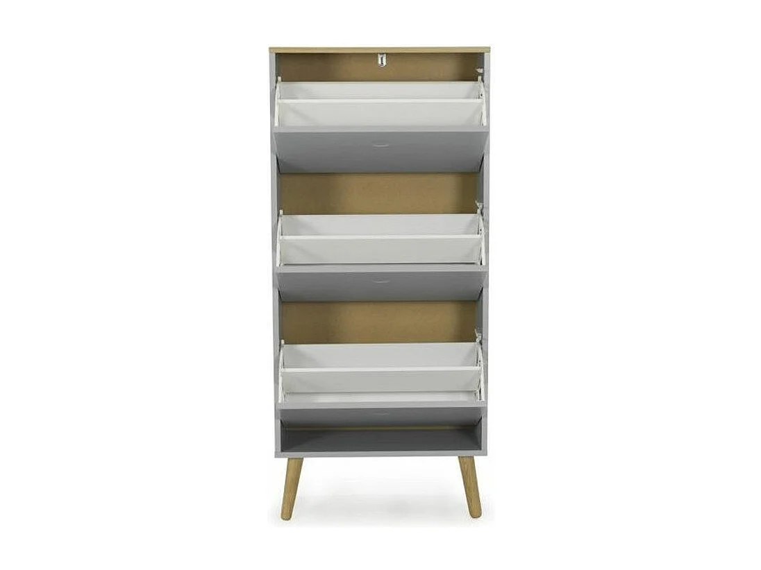 Meuble à chaussures 3 portes laqué gris et pieds chêne massif clair Pecas