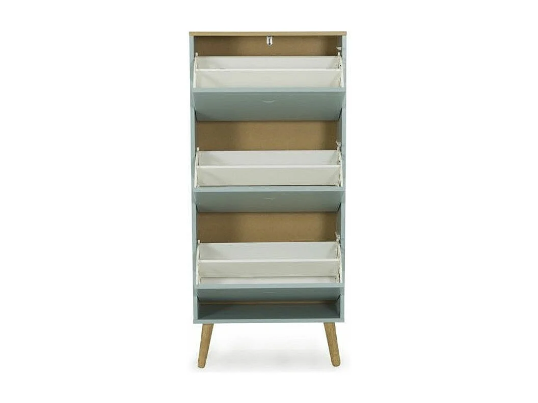 Meuble à chaussures 3 portes vert et pieds chêne massif clair Pecas