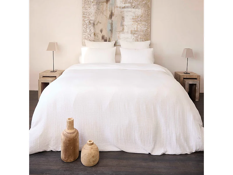 Parure de lit 260x240 cm 50x70 cm gaze de coton CASSIS Blanc 3 pièces