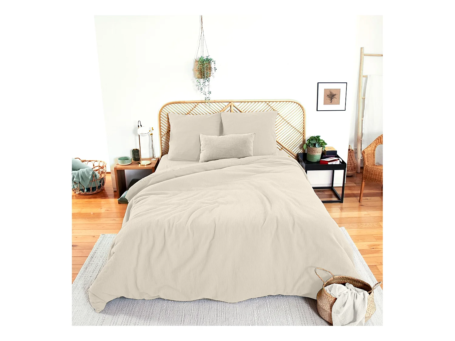 Parure de lit 260x240 cm double gaze de coton GAZGAZ beige Galet