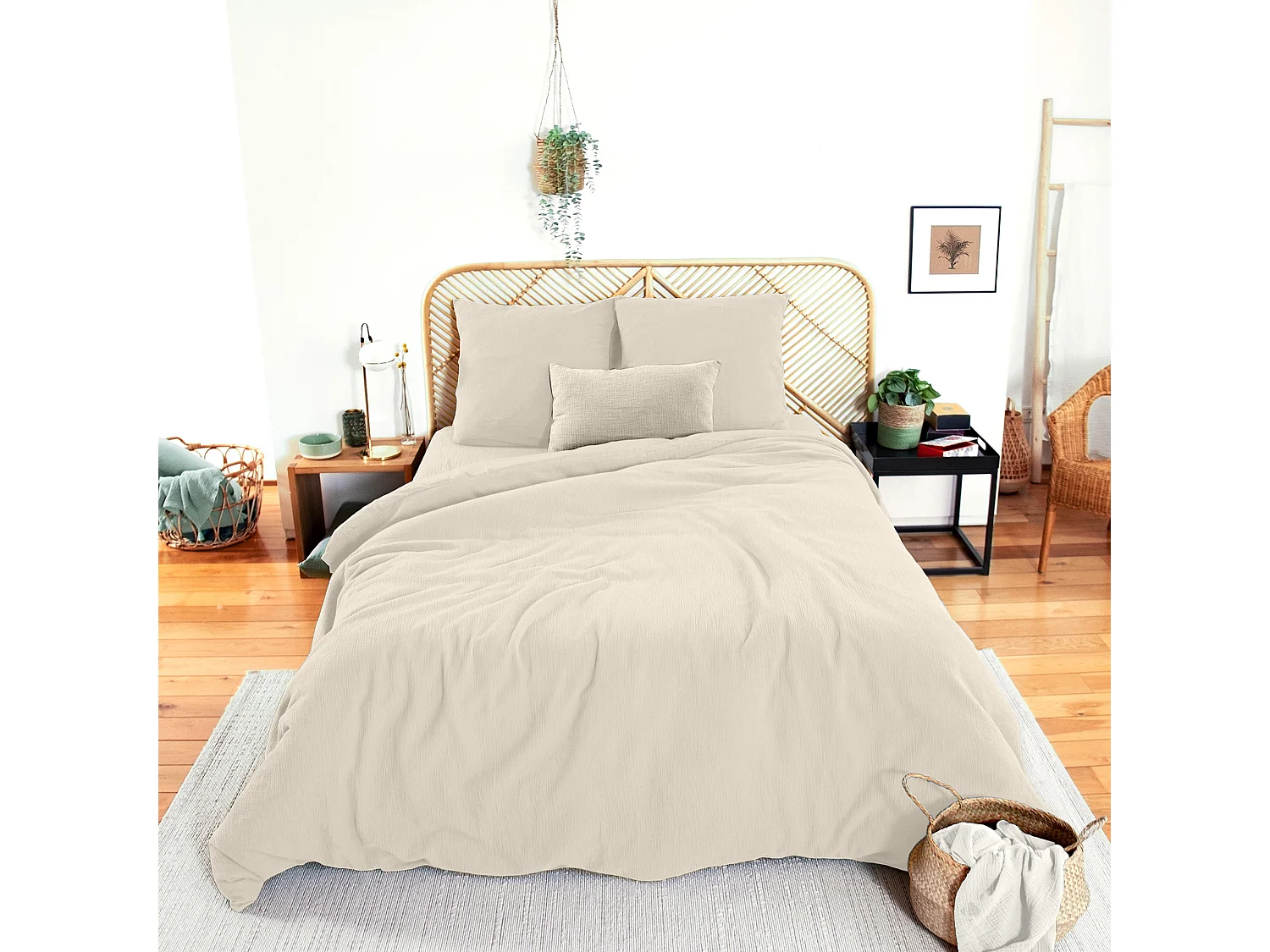 Parure de lit 260x240 cm double gaze de coton GAZGAZ beige Galet