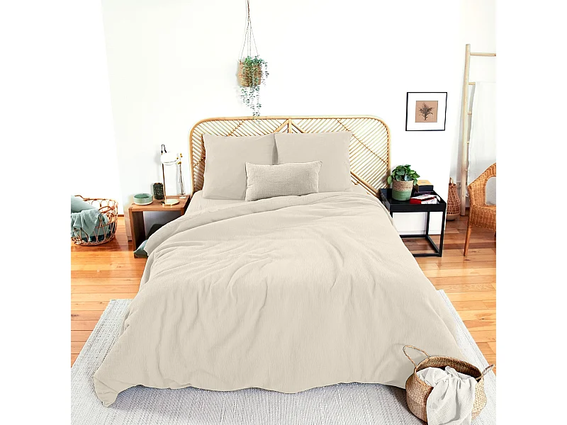 Parure de lit 260x240 cm double gaze de coton GAZGAZ beige Galet