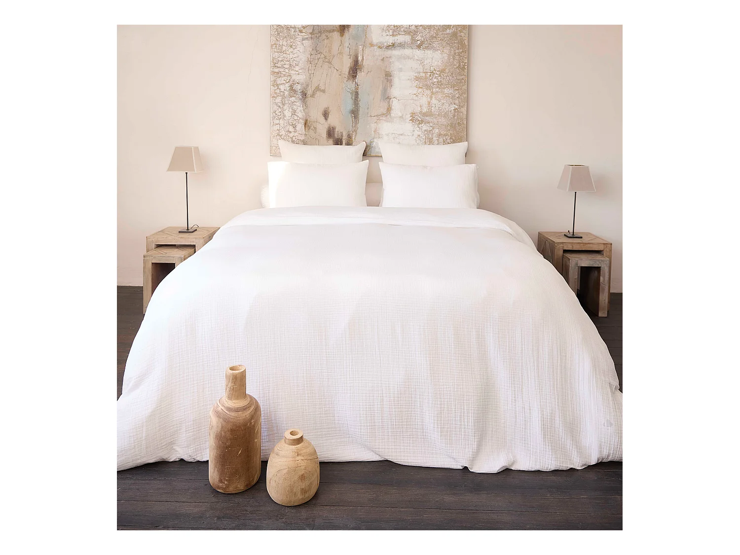 Parure de lit 260x240 cm 65x65 cm gaze de coton CASSIS Blanc 3 pièces