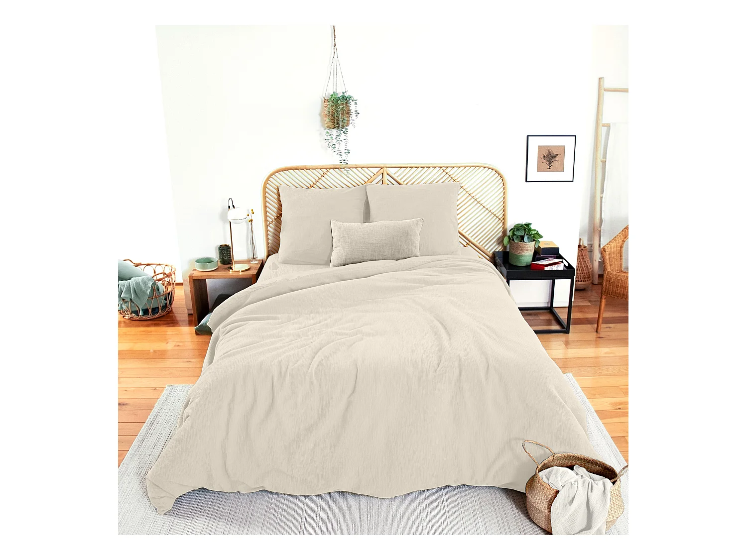 Parure de lit 240x220 cm double gaze de coton GAZGAZ beige Galet