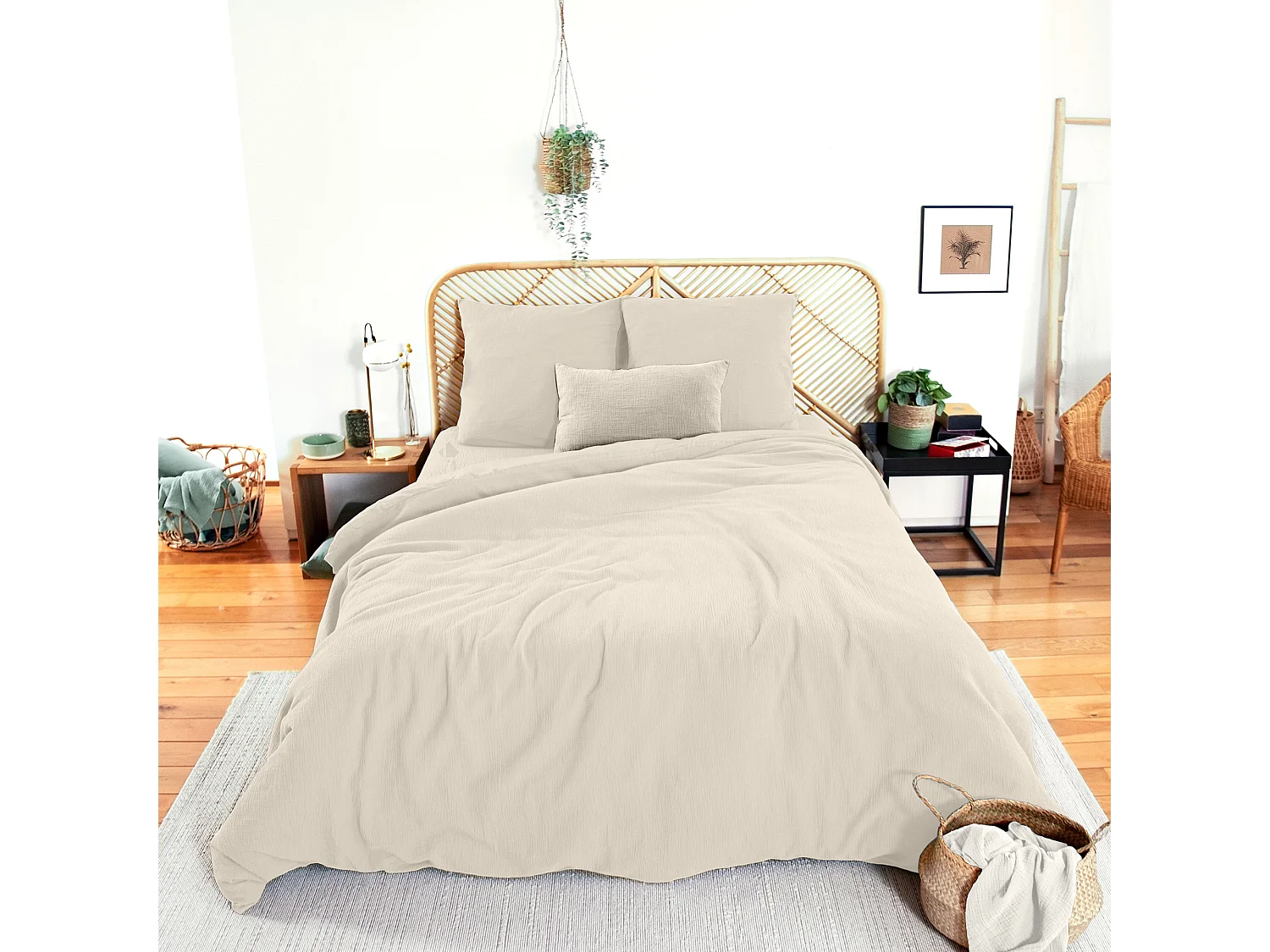 Parure de lit 240x220 cm double gaze de coton GAZGAZ beige Galet