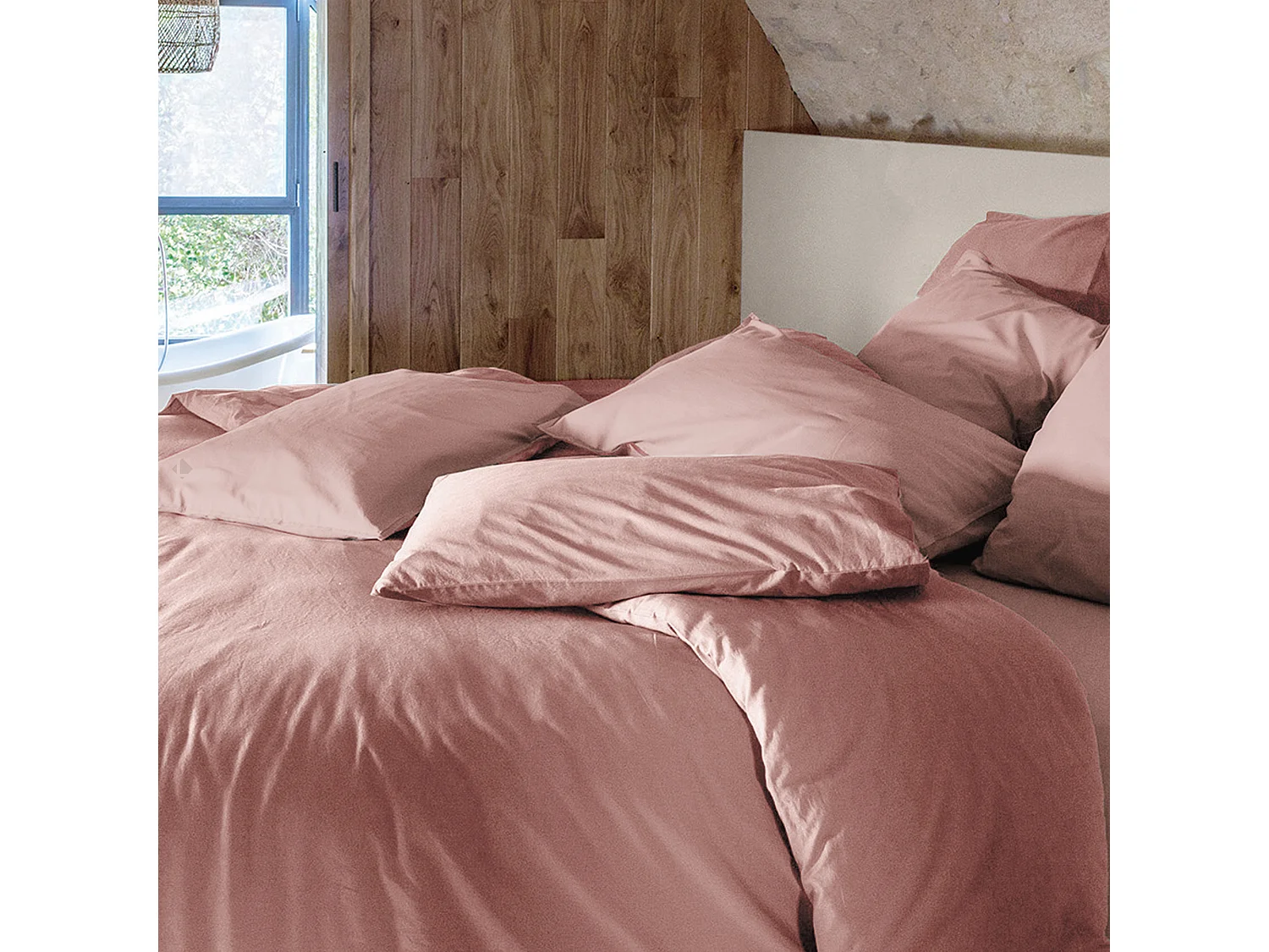 Parure de lit 260x240 cm et 50x70 cm coton lavé PALACE rose 3 pièces