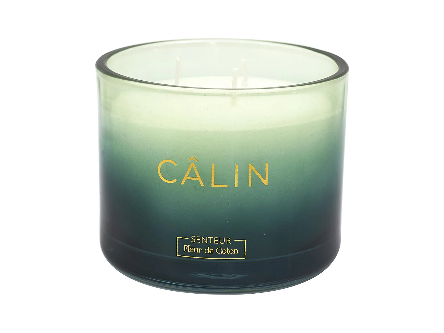 Bougie parfumée 3 mèches en coton AMOUR ET PASSION à la cire de parafine senteur fleur de coton vert