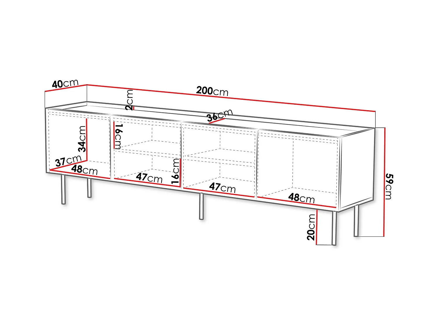 Meuble TV Mortali 104, Blanc|Noir, 200x59x40cm