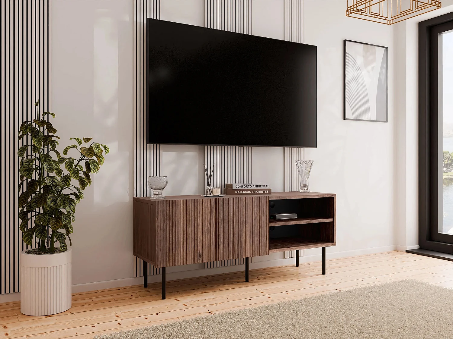 Meuble TV Melala 103, Noir|Noyer, 150x58x42cm