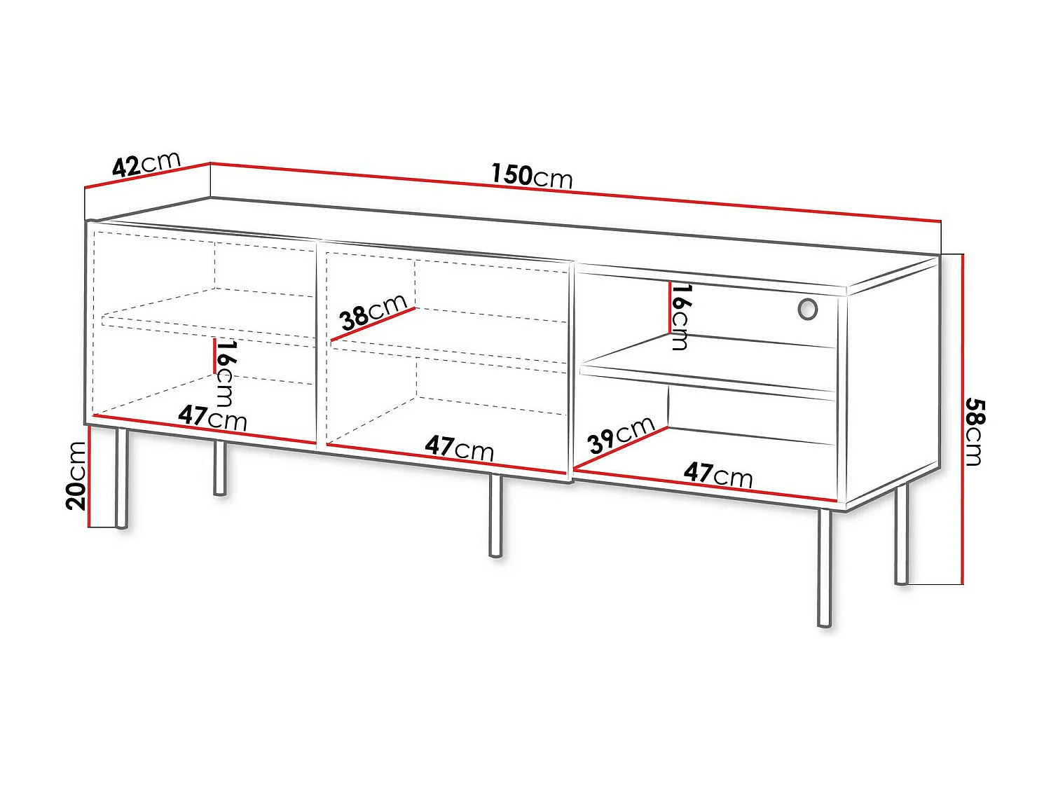 Meuble TV Melala 103, Noir|Noyer, 150x58x42cm