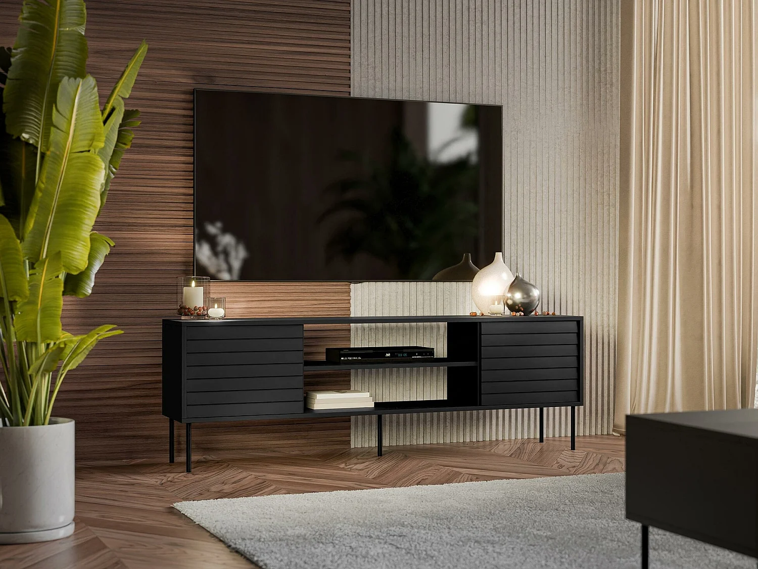 Meuble TV Flosoru 104, Noir, 180x60x40cm