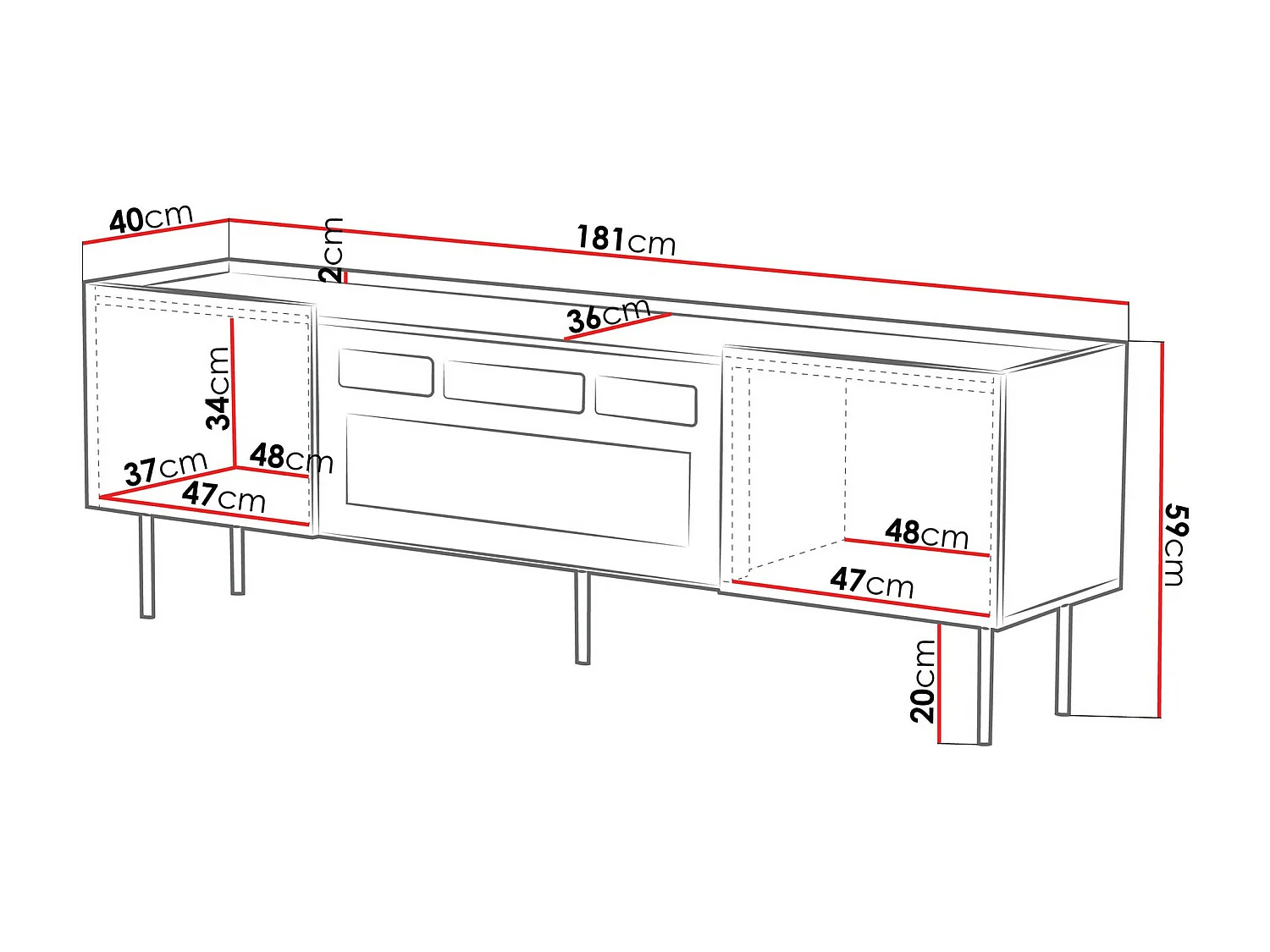 Meuble TV Mortali 106, Cachemire|Noir, 181x59x40cm