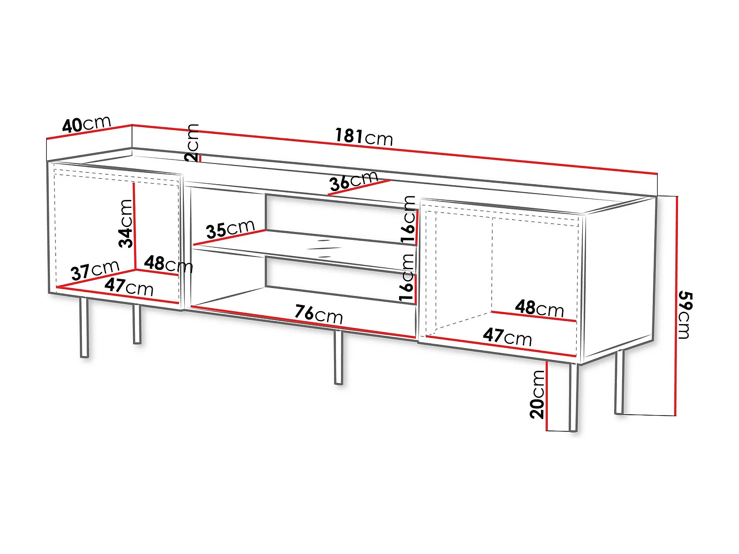 Meuble TV Mortali 105, Noir, 181x59x40cm