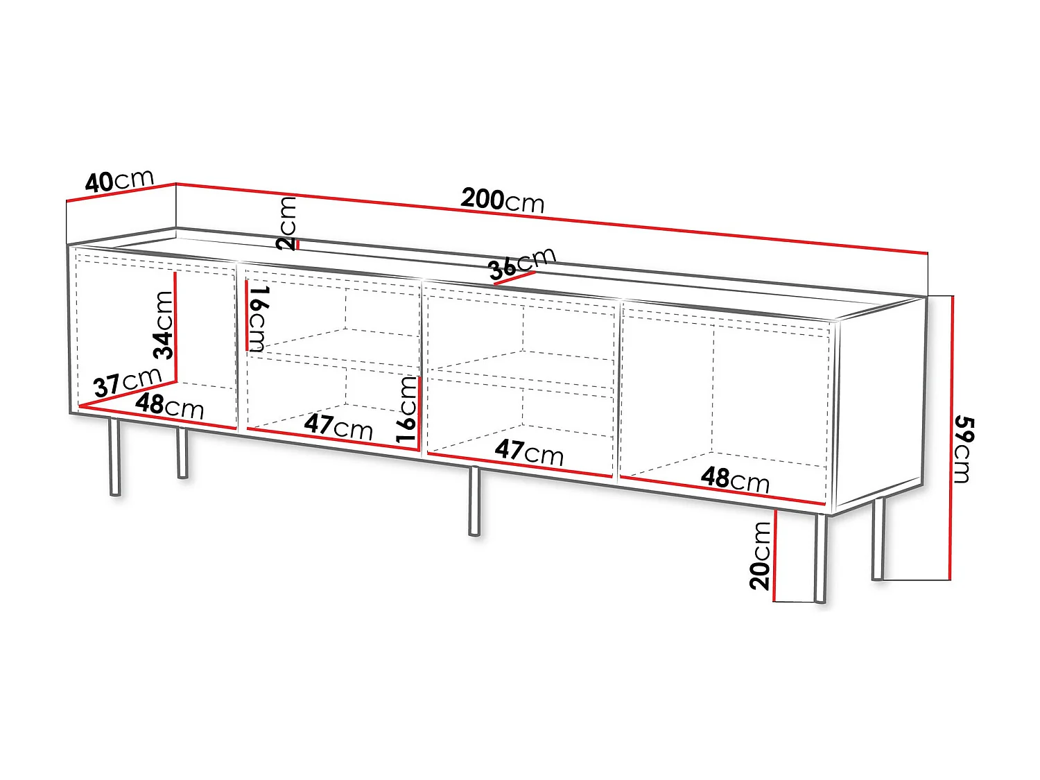 Meuble TV Mortali 104, Noir, 200x59x40cm