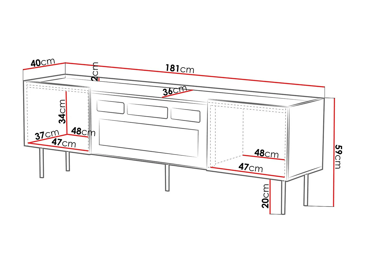 Meuble TV Mortali 106, Noir|Blanc, 181x59x40cm