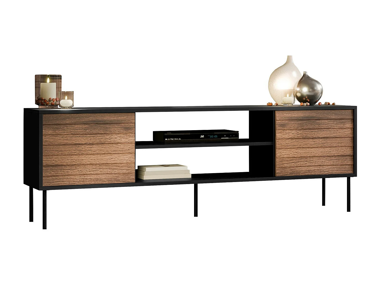 Meuble TV Flosoru 104, Noir|Noyer, 180x60x40cm