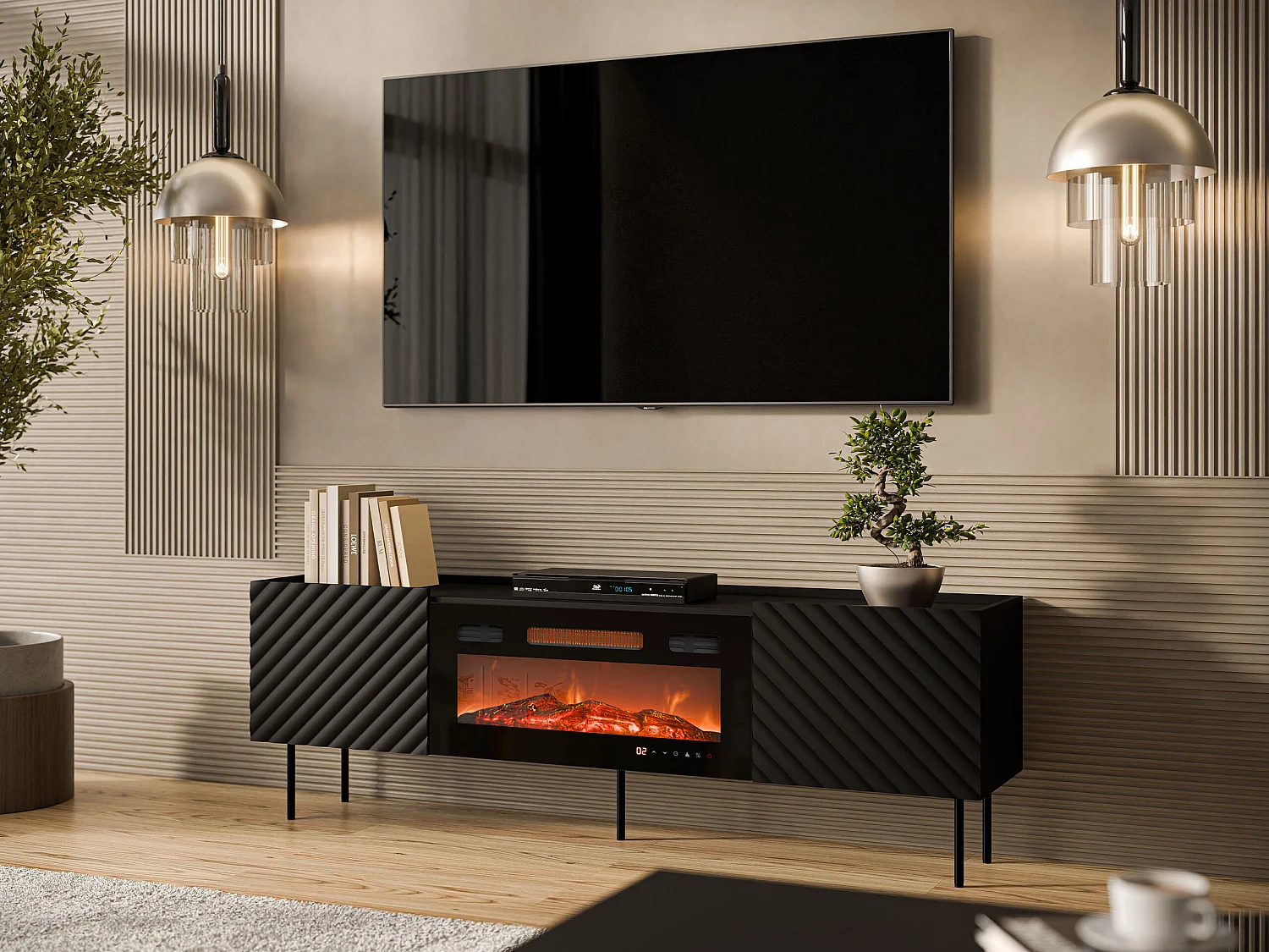 Meuble TV Sillen III, Noir, 181x59x40cm