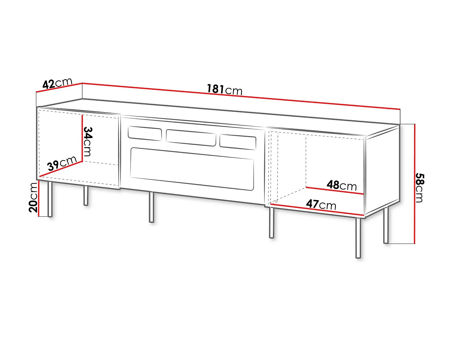 Meuble TV Melala 107, Noir|Noyer, 181x58x42cm