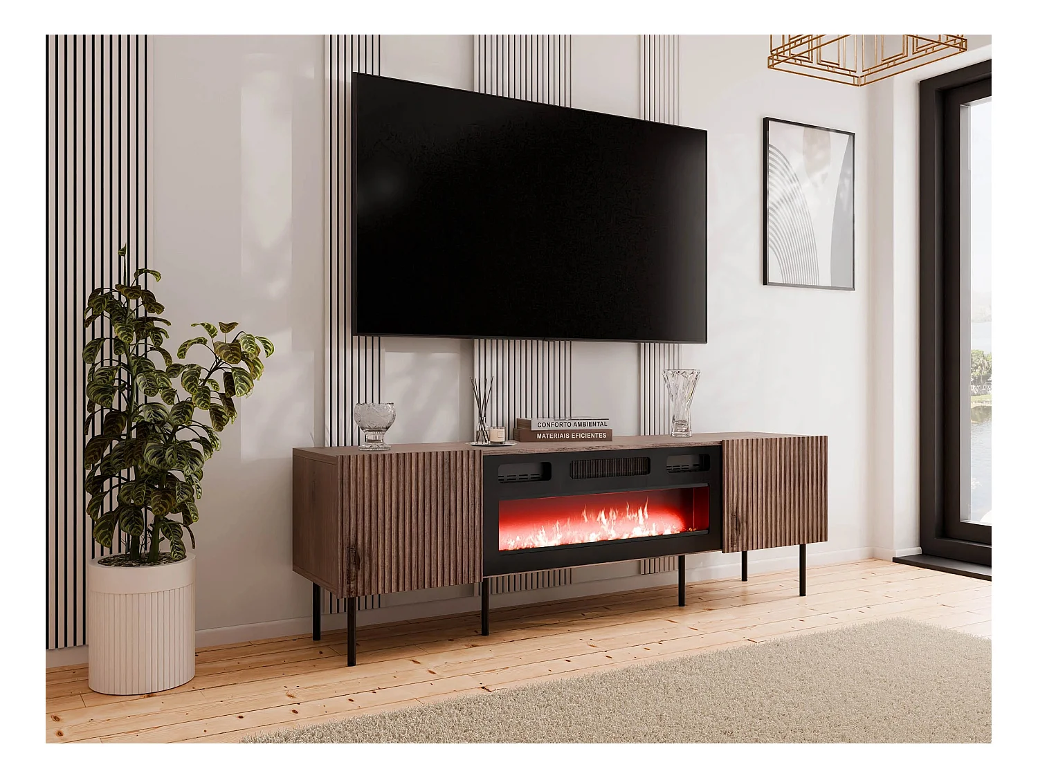 Meuble TV Dortivu 107, Noyer|Noir, 181x58x42cm