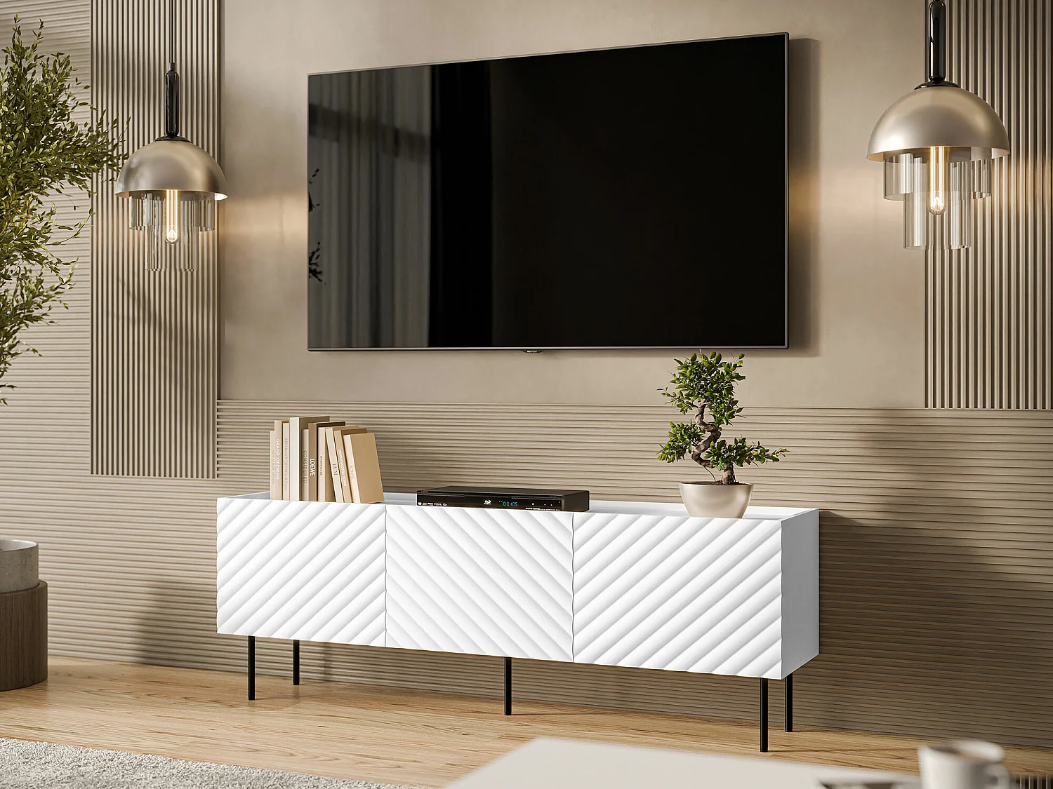 Meuble TV Mortali 103, Noir|Blanc, 166x59x40cm