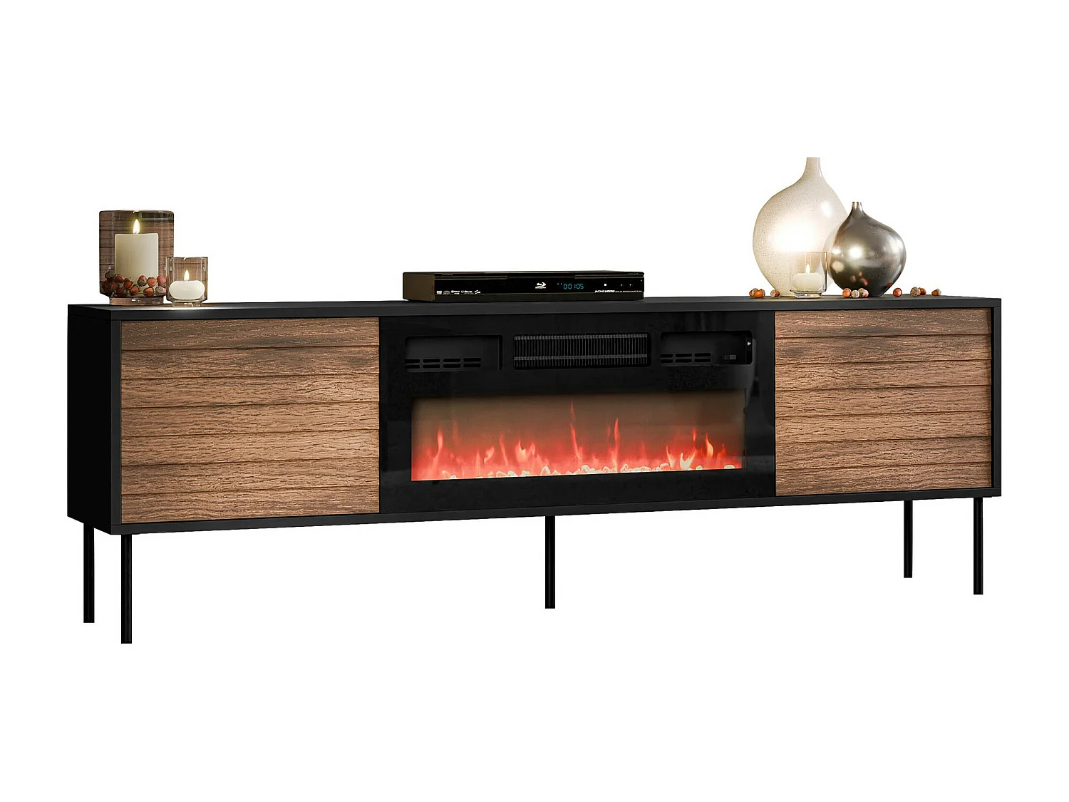 Meuble TV Flosoru 108, Noir|Noyer, 180x60x40cm