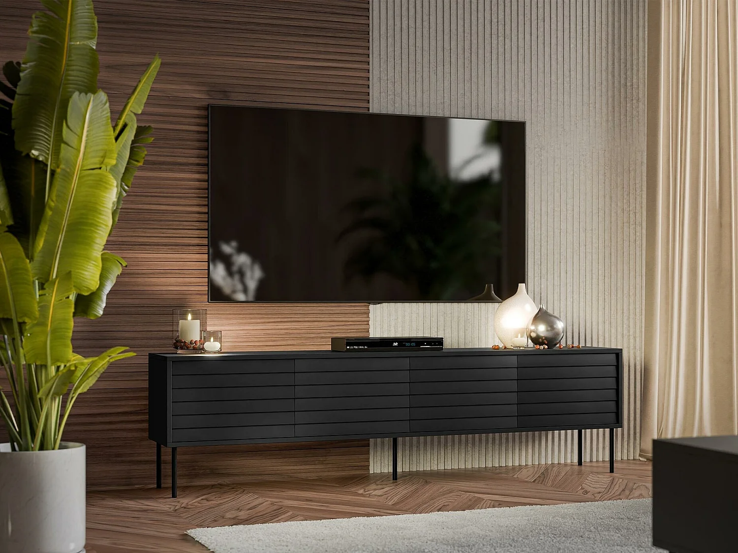 Meuble TV Flosoru 105, Noir, 200x55x40cm