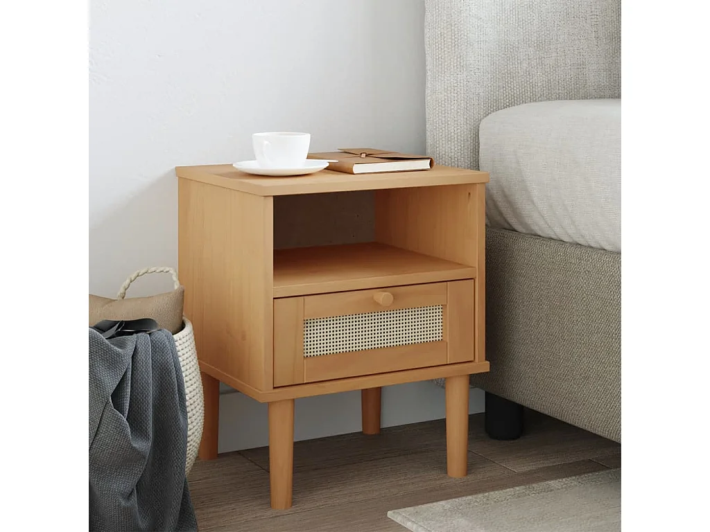 Comodino SENJA Marrone Aspetto Rattan 40x35x48 cm in Legno Pino
