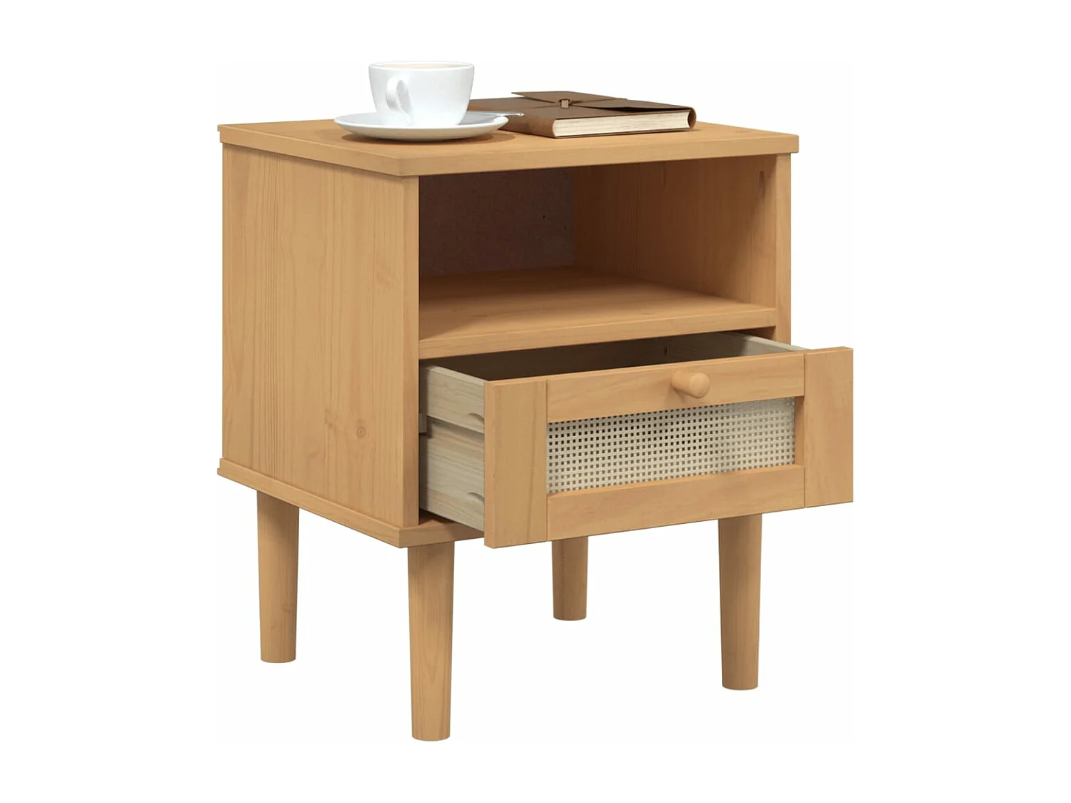 Comodino SENJA Marrone Aspetto Rattan 40x35x48 cm in Legno Pino