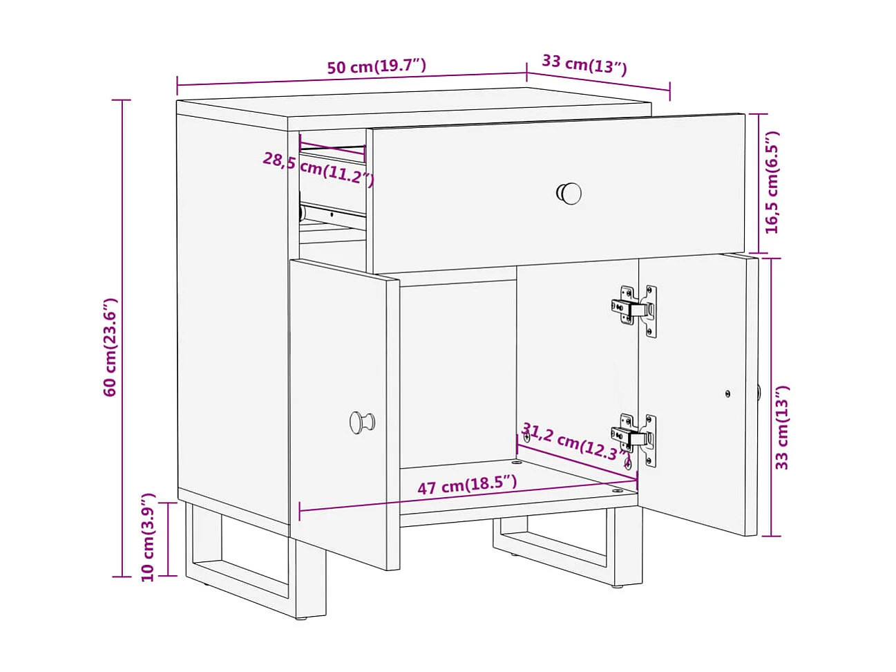 Table de chevet marron et noir 50x33x60 cm bois manguier solide