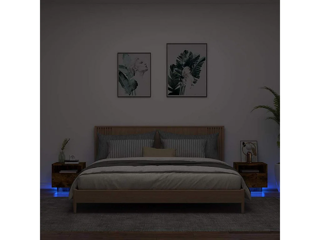 Armoires de chevet avec lumières LED 2 pcs chêne fumé