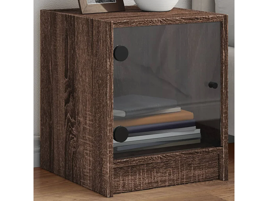 Table de chevet avec porte en verre chêne marron 35x37x42 cm