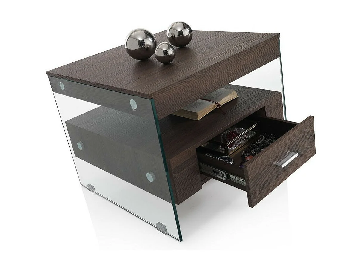 Table de chevet 1 tiroir bois noyer et pieds verre transparent Nygo