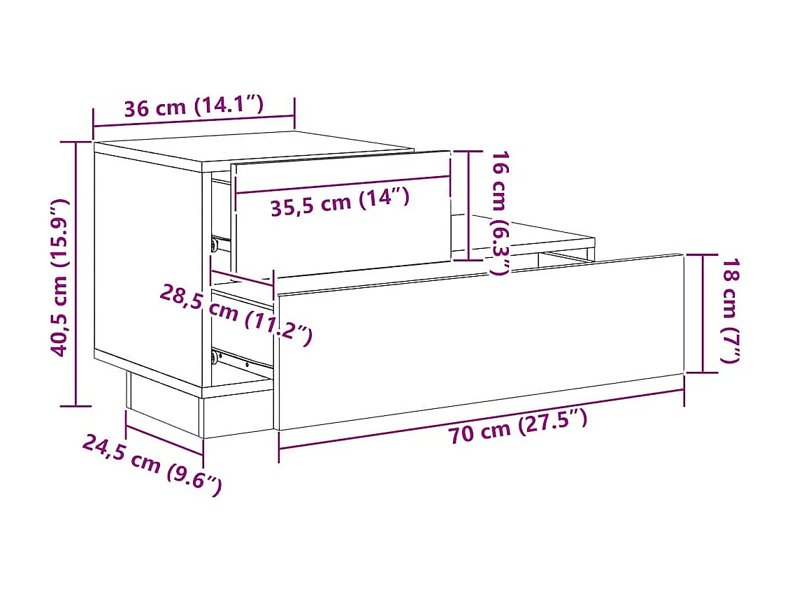 Table de chevet avec lumières LED chêne sonoma 70x36x40,5 cm