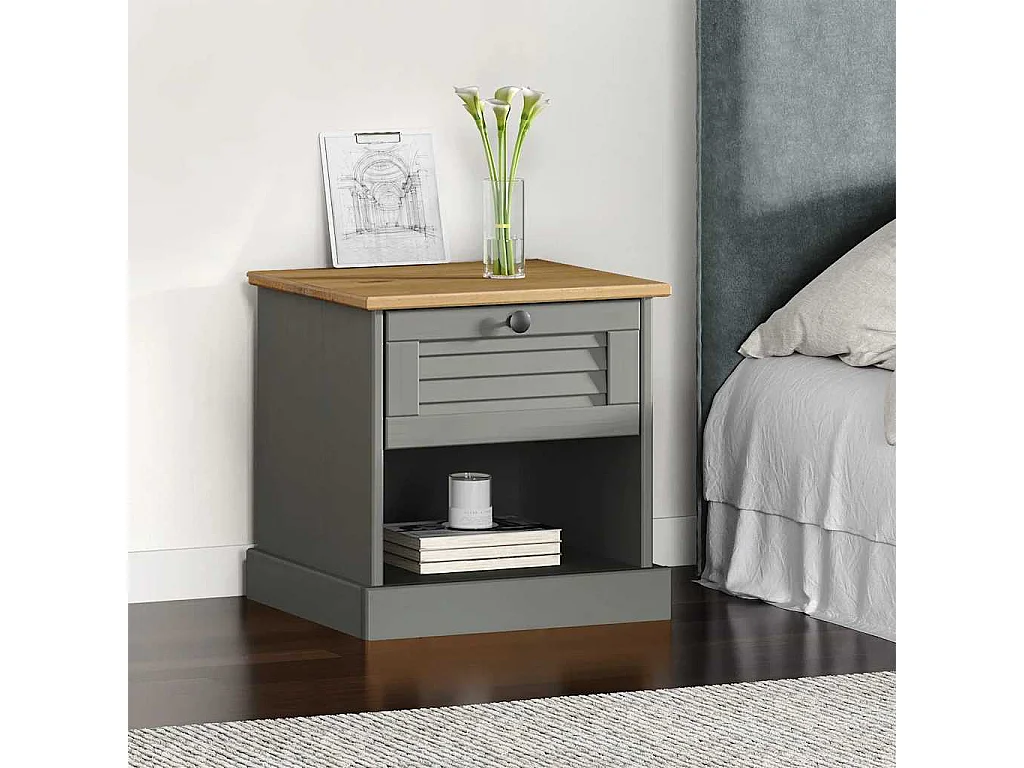 Table de chevet VIGO gris 42x35x40 cm bois de pin massif