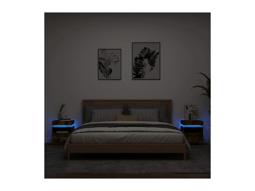 Armoires de chevet avec lumières LED 2 pcs chêne fumé